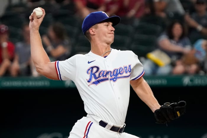 Sep 24, 2022; Arlington, Texas, USA; Texas Rangers starting pitcher Glenn Otto (49) throws to the plate during the first inning against the Cleveland Guardians at Globe Life Field. Mandatory Credit: Raymond Carlin III-USA TODAY Sports